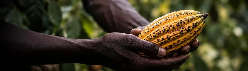 Hands holding a cocoa pod