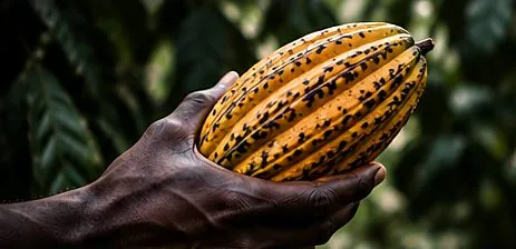 A hand holding a ripe cocoa pod